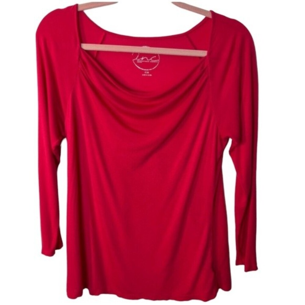 INC International Concepts Red Long Sleeve Rayon Knit Cowl Neck Top Size PM